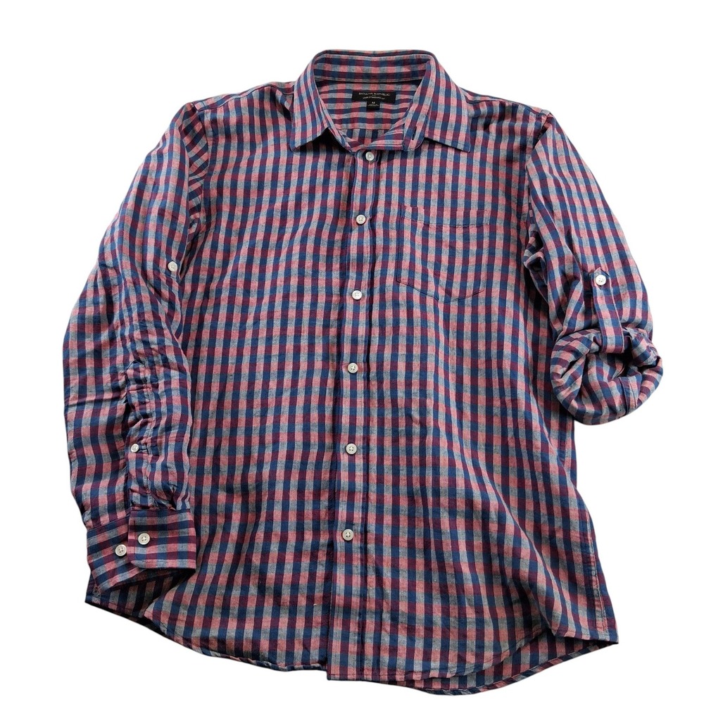 Banana Republic Button Down Mens Size M Red Blue Gingham Linen Cotton Roll Tab